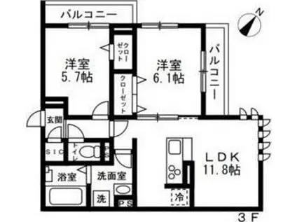 練馬区石神井町8丁目(2LDK/3階)の間取り写真