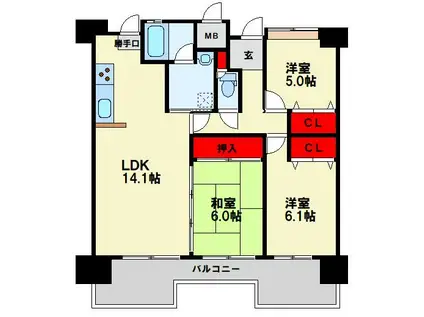 ルワージュ陣原(3LDK/6階)の間取り写真