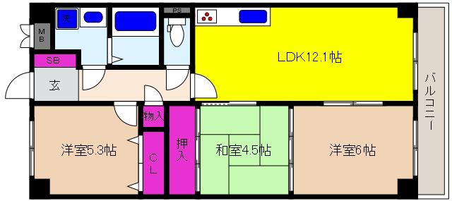 御影ブライトハイツ(3LDK/5階)の間取り写真