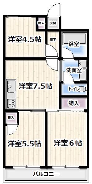 ジェイクイーン湯里(3DK/3階)の間取り写真