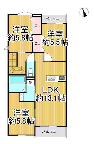 尼崎市西昆陽2丁目集合(3LDK/2階)の間取り写真