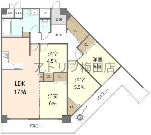 ユニライフ福島B棟(4LDK/6階)の間取り写真