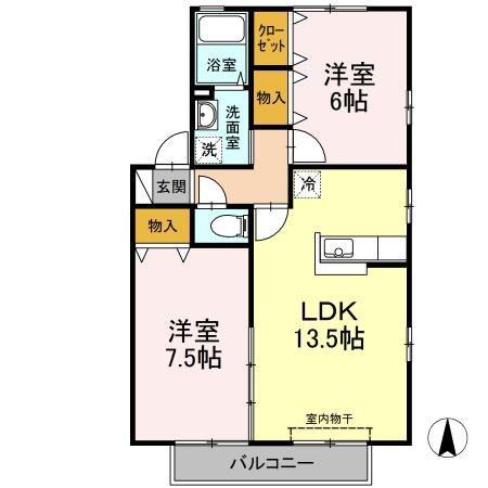 ヴィルヌーブマスダA棟(2LDK/2階)の間取り写真