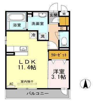 KRANE B棟(1LDK/1階)の間取り写真