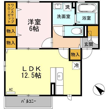 パシオーネA棟(1LDK/2階)の間取り写真