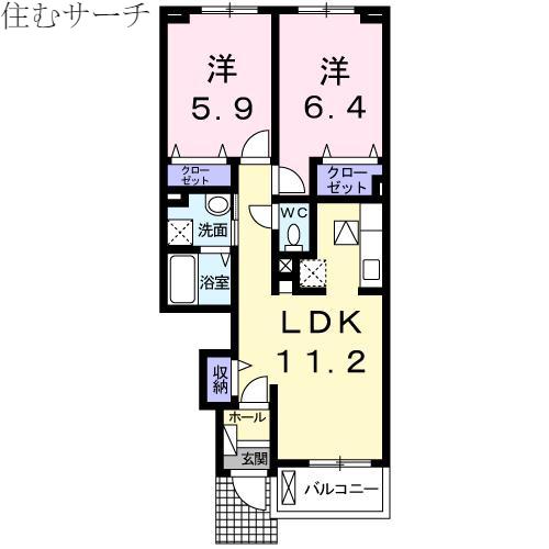ル・クールII(2LDK/1階)の間取り写真