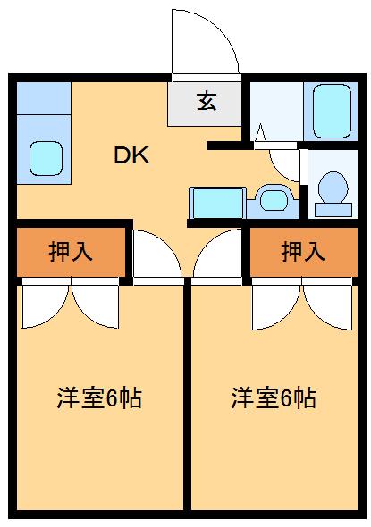 カシノキハイツ(2DK/2階)の間取り写真