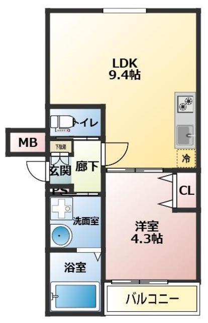 ディークラート松原フェリス(1LDK/3階)の間取り写真