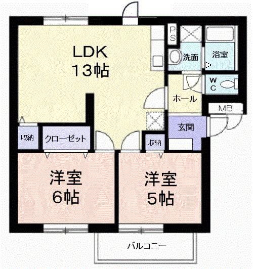 ニューエルディム横山B棟(2LDK/1階)の間取り写真