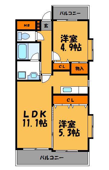 城北ビル(2LDK/8階)の間取り写真