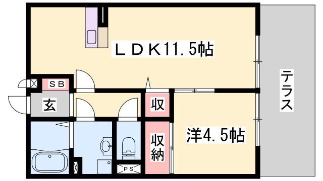 キャメロット飾磨 B棟(1LDK/1階)の間取り写真