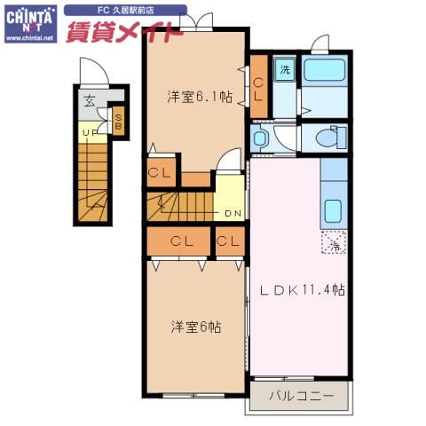 グラース・ジェルメB棟(2LDK/2階)の間取り写真