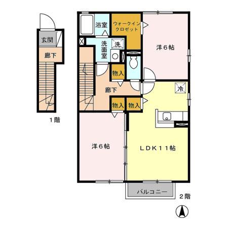 ローズコート塩山 壱番間(2LDK/2階)の間取り写真