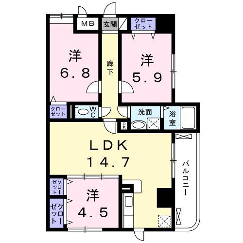 ディアコート木太(3LDK/9階)の間取り写真
