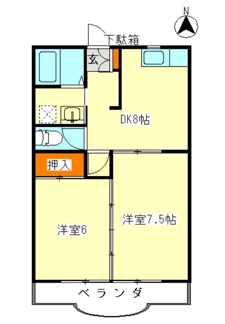 ワクイハイツ(2DK/1階)の間取り写真