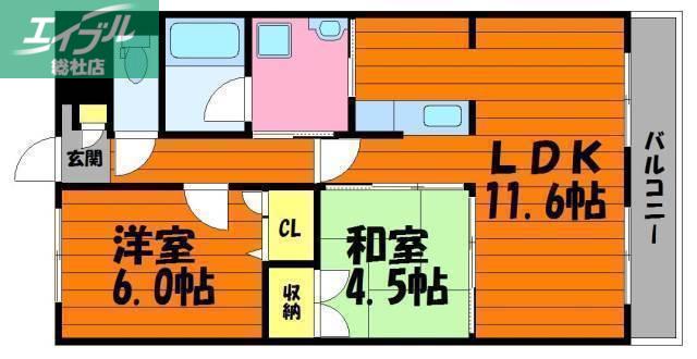 ルネス倉敷(2LDK/3階)の間取り写真