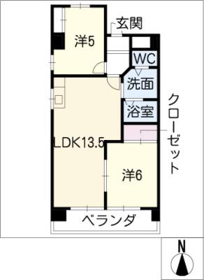 サンハイツ西尾(2LDK/5階)の間取り写真