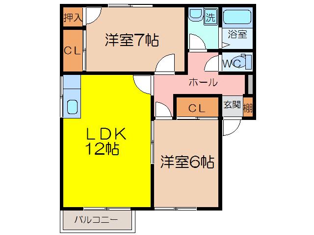 ソフィア・ヴィラージュ南佐賀 D棟(2LDK/2階)の間取り写真