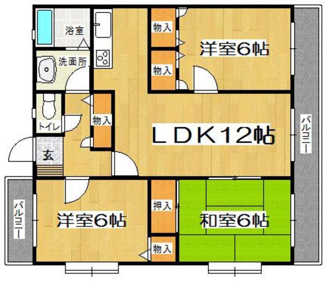 パサージュ若草A棟(3LDK/2階)の間取り写真