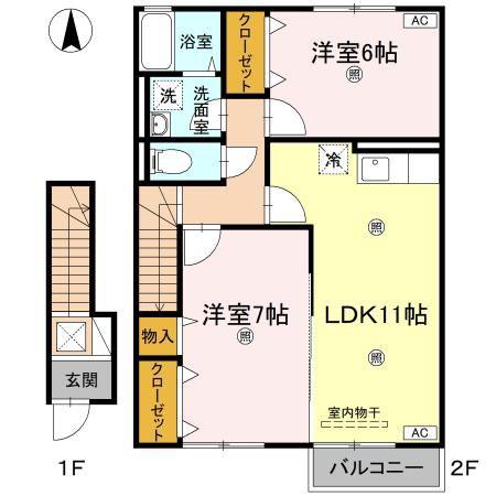 カンファートB棟(2LDK/2階)の間取り写真
