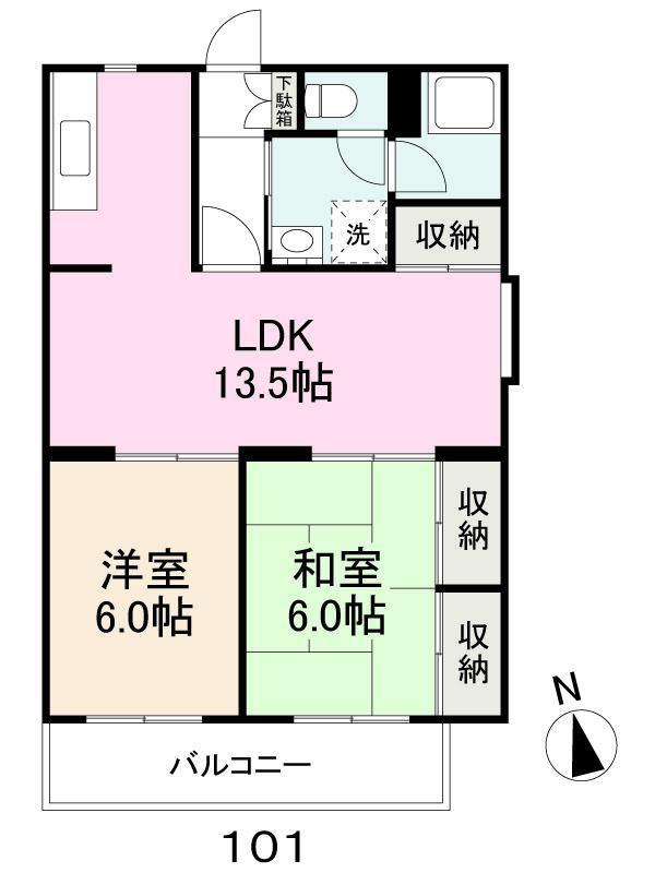 ヴィラ・アンソレイエ寺井町(2LDK/1階)の間取り写真