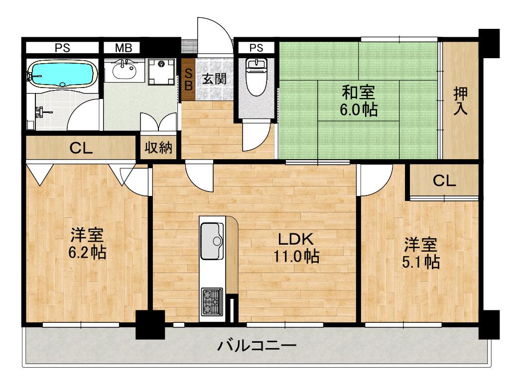 カサベラ御影中町(3LDK/2階)の間取り写真