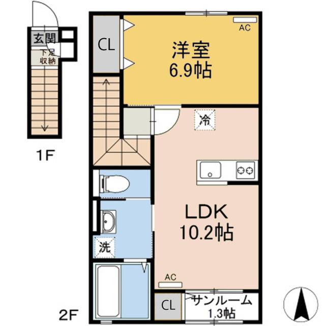 ミラヴィルタス 西(1SLDK/2階)の間取り写真