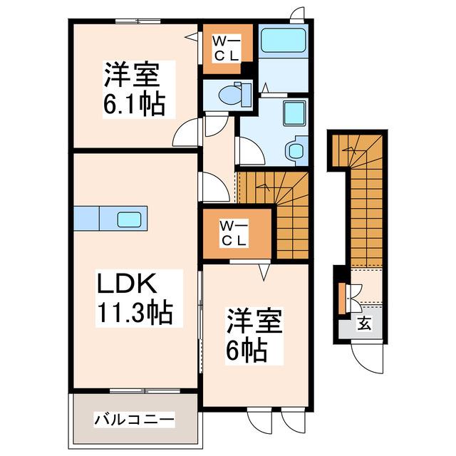 サンセット・ヒルA・B・C(2LDK/2階)の間取り写真
