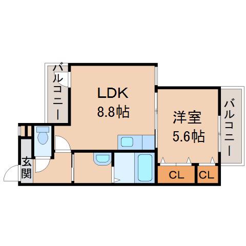 フジパレス新通(1LDK/2階)の間取り写真