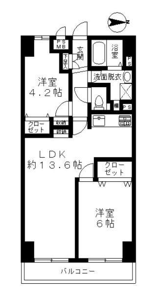 グランツ海老名(2LDK/4階)の間取り写真