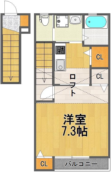 フラットテラス(1K/2階)の間取り写真