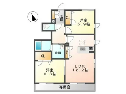 CASA ALEGRE 8 日下橋(2LDK/1階)の間取り写真