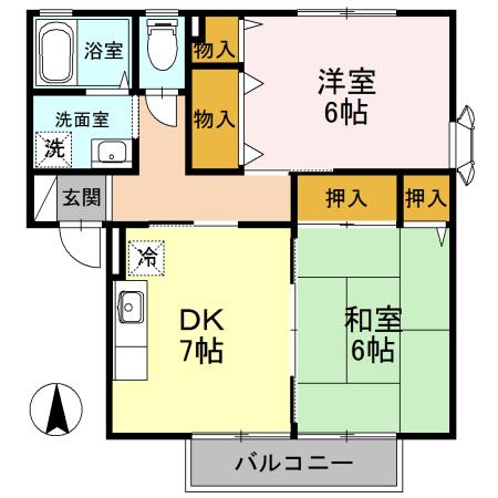 ローズヒップガーデンB棟(2DK/1階)の間取り写真
