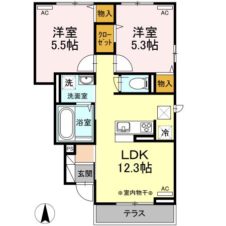 ブリッサ B棟(2LDK/1階)の間取り写真