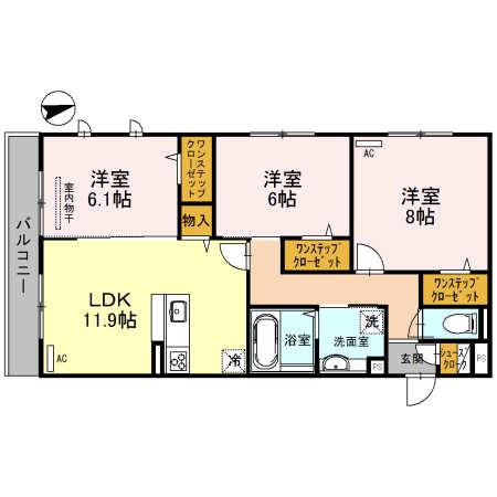 グロリアハイツはびきのA棟(3LDK/3階)の間取り写真