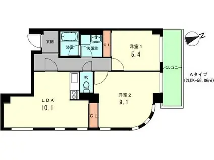 ウィステリア神戸湊川(2LDK/2階)の間取り写真