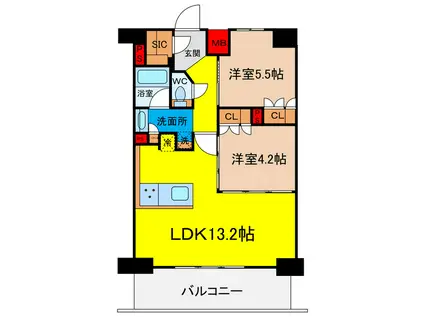 ザ・パークハビオ谷町六丁目テラス(2LDK/14階)の間取り写真