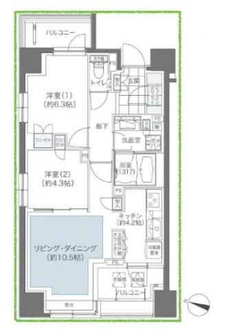 メゾンカルム本郷(2LDK/11階)の間取り写真
