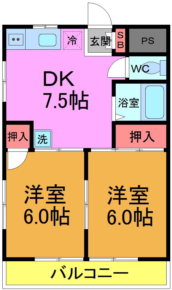 ベルフィーヌ船橋(2DK/1階)の間取り写真
