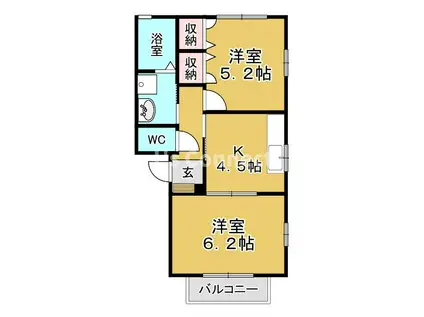 レジデンスグランリコA棟(2K/2階)の間取り写真