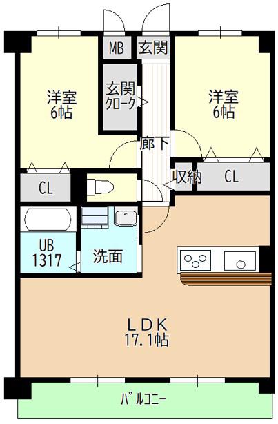 ヒルザコートII(2LDK/3階)の間取り写真