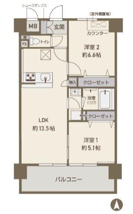 スクエアコートカミ(2LDK/5階)の間取り写真