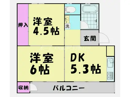 ビレッジハウス鳴滝(2DK/5階)の間取り写真
