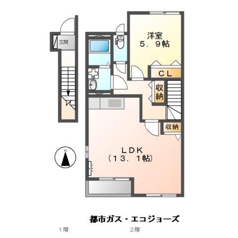 エバーハイツ(1LDK/2階)の間取り写真