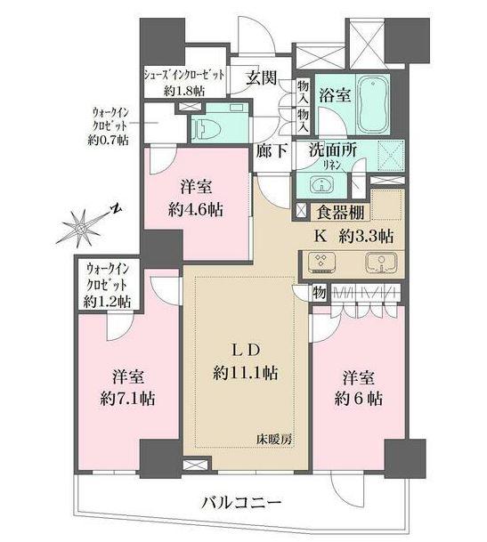 ザ・パークハウス三田ガーデン タワー棟(3LDK/3階)の間取り写真