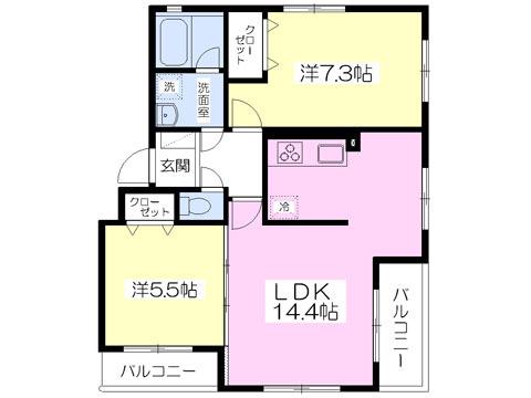 エスポワール松園B(2LDK/3階)の間取り写真