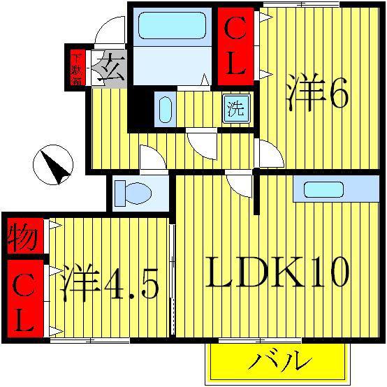 センターフィールドB(2LDK/1階)の間取り写真