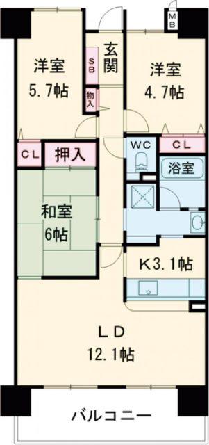 バンベールつつじが丘(3LDK/5階)の間取り写真