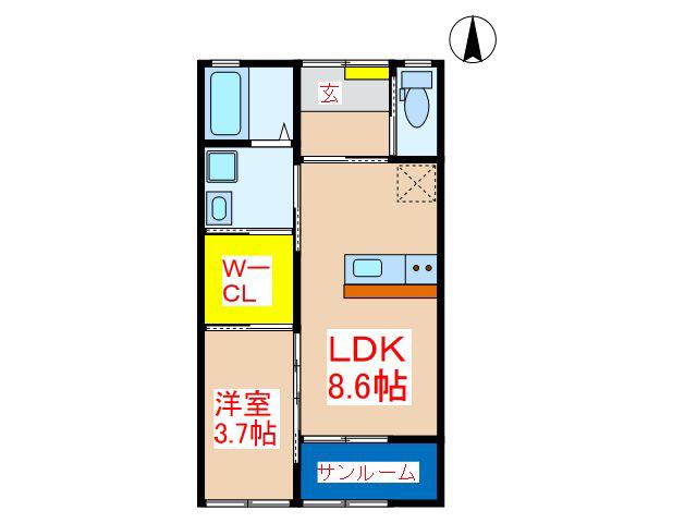 ル・ポルト・ボヌール(1SLDK/1階)の間取り写真