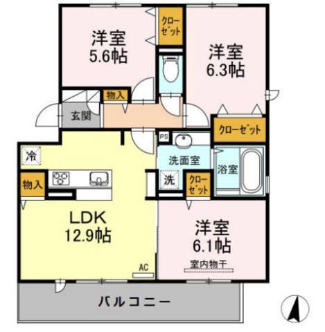 D-ROOM長尾弐番館(3LDK/2階)の間取り写真